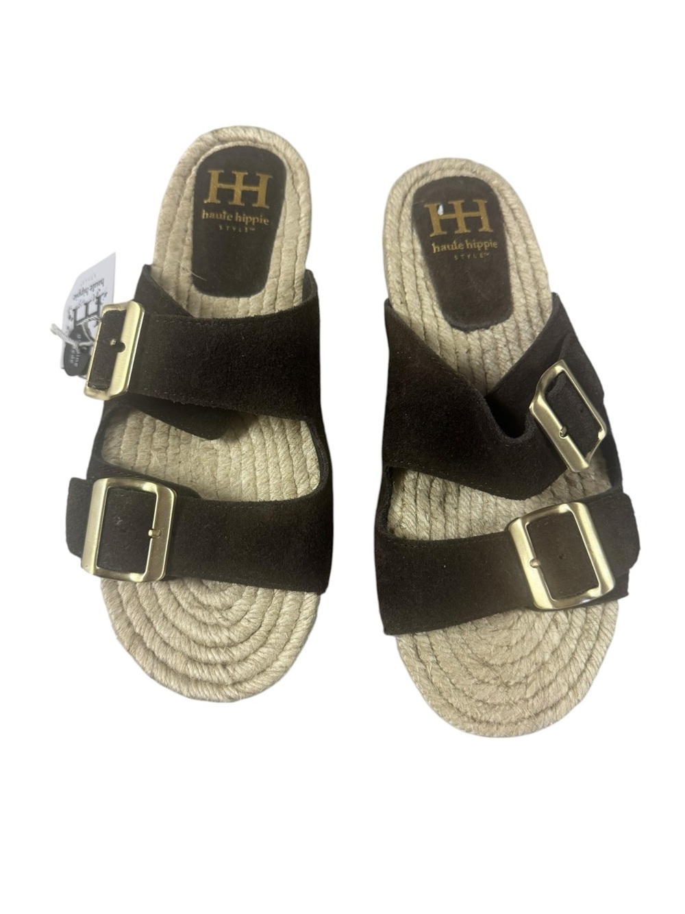 Haute Hippie Chocolate Suede Double-Buckle Espadrille Slides
